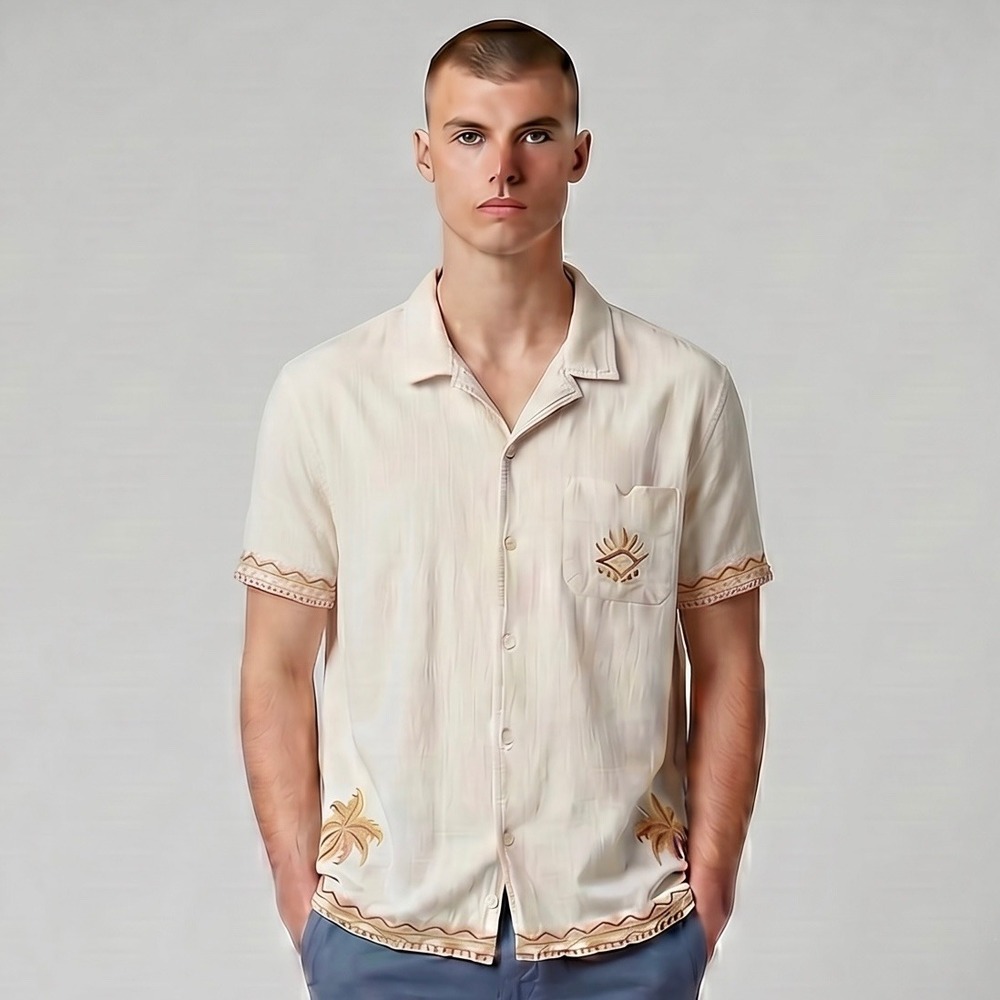 Marine Layer Stretch Selvage Short Sleeve Shirt Mens XL Cream Embroidered